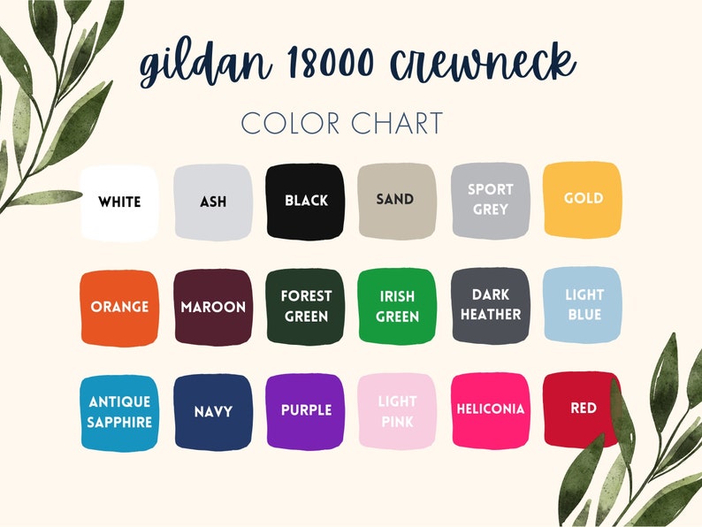 Puede incluir: Carta de colores para camisetas de cuello redondo Gildan 18000. La carta muestra 18 colores diferentes, incluyendo blanco, ceniza, negro, arena, gris deportivo, dorado, naranja, granate, verde bosque, verde irland&eacute;s, gris oscuro, azul claro, zafiro antiguo, azul marino, morado, rosa claro, heliconia y rojo.