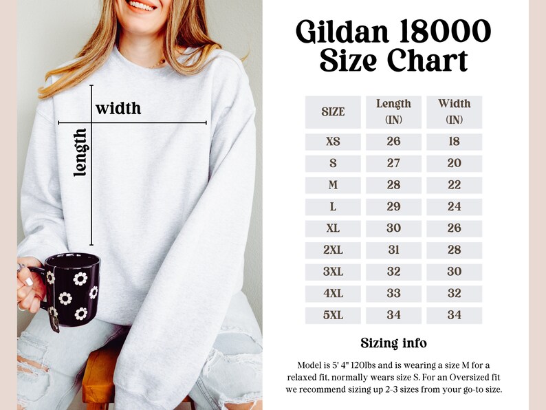 Puede incluir: Tabla de tallas Gildan 18000 para sudaderas. La tabla muestra la longitud y el ancho en pulgadas para las tallas XS a 5XL. Informaci&oacute;n sobre el tama&ntilde;o: La modelo mide 1,63 m y pesa 54 kg y lleva una talla M para un ajuste relajado, normalmente lleva una talla S. Para un ajuste holgado, recomendamos aumentar el tama&ntilde;o de 2 a 3 tallas desde su talla habitual.