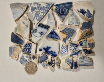 SEA POTTERY MOSAIC pieces. Bundle of river pottery from waters around Glasgow. 30 small shards in blue. Suitable for mosaics or arts & craft