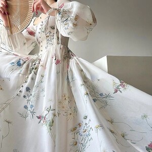 Chiffon Long Sleeve Dress Floral Print Tulle Prom Attire Evening Party Midi Dress zdjęcie 2