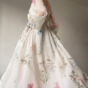 Chiffon Long Sleeve Dress Floral Print Tulle Prom Attire Evening Party Midi Dress zdjęcie 5