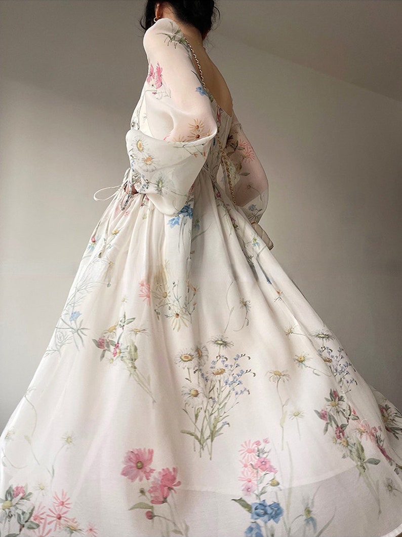 Chiffon Long Sleeve Dress Floral Print Tulle Prom Attire Evening Party Midi Dress zdjęcie 5
