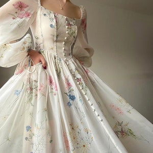 Chiffon Long Sleeve Dress Floral Print Tulle Prom Attire Evening Party Midi Dress zdjęcie 6