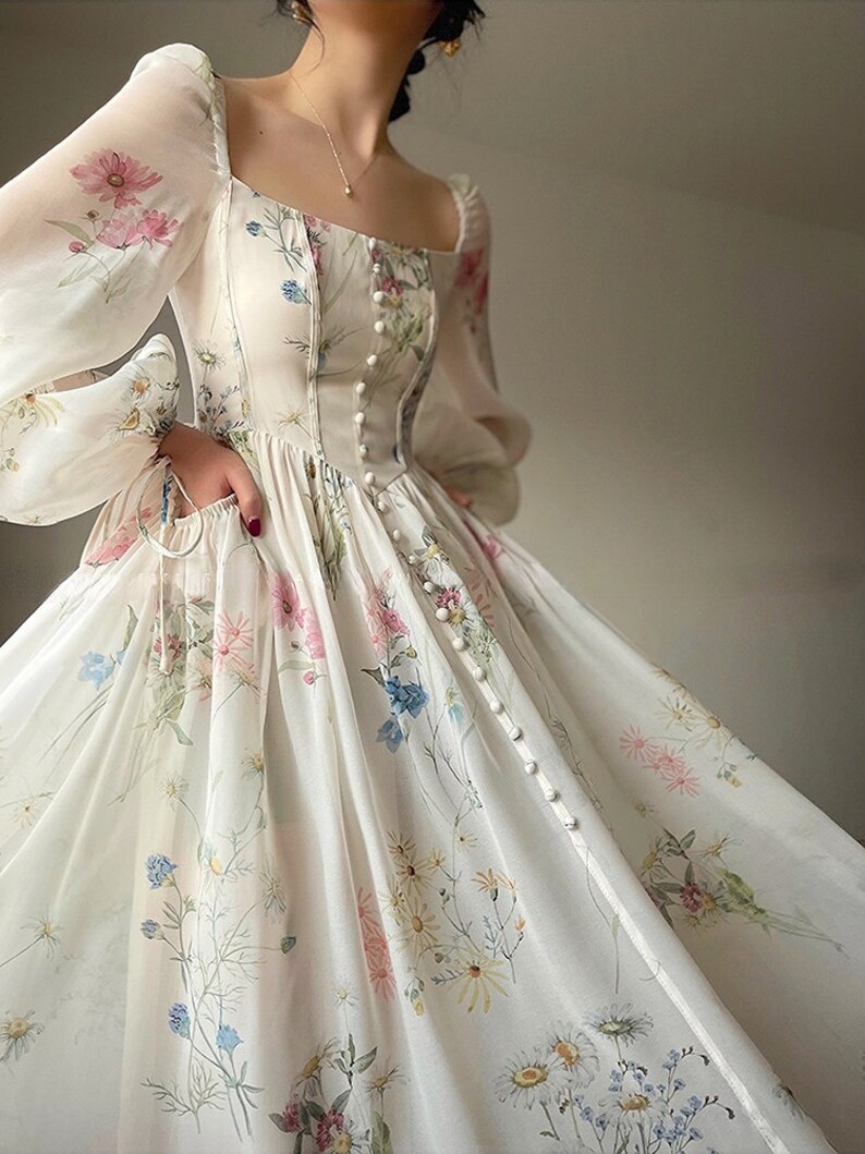 Chiffon Long Sleeve Dress Floral Print Tulle Prom Attire Evening Party Midi Dress zdjęcie 6