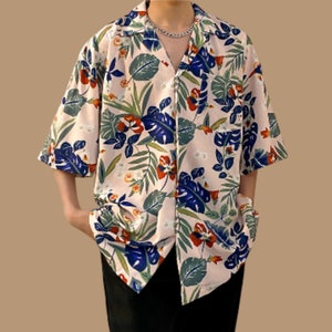 Short Sleeve Tops Comfortable Floral Print Men's Buttoned Outfit 07