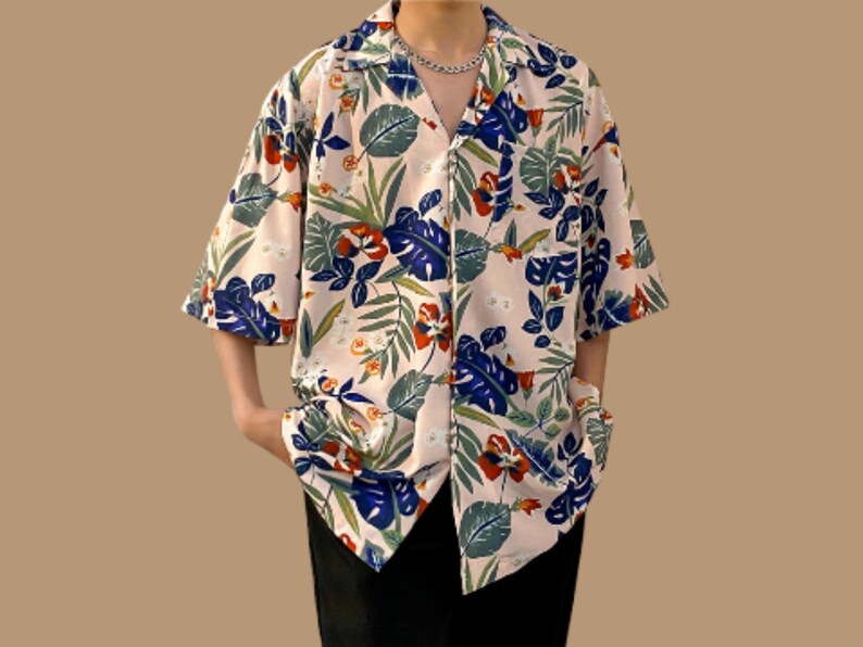 Short Sleeve Tops Comfortable Floral Print Men's Buttoned Outfit 07