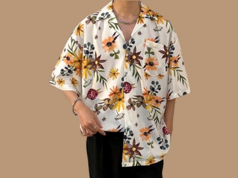 Short Sleeve Tops Comfortable Floral Print Men's Buttoned Outfit 06