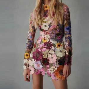 Floral Long Sleeve Mini Dress High Collar Evening Party Fashionable Clothing image 6