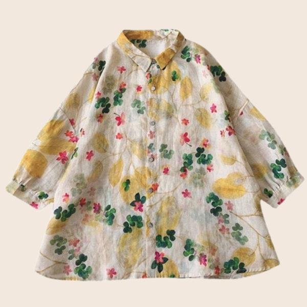 Half Sleeve Linen Blouse | Loose Fit Button-Down Top | Floral Print