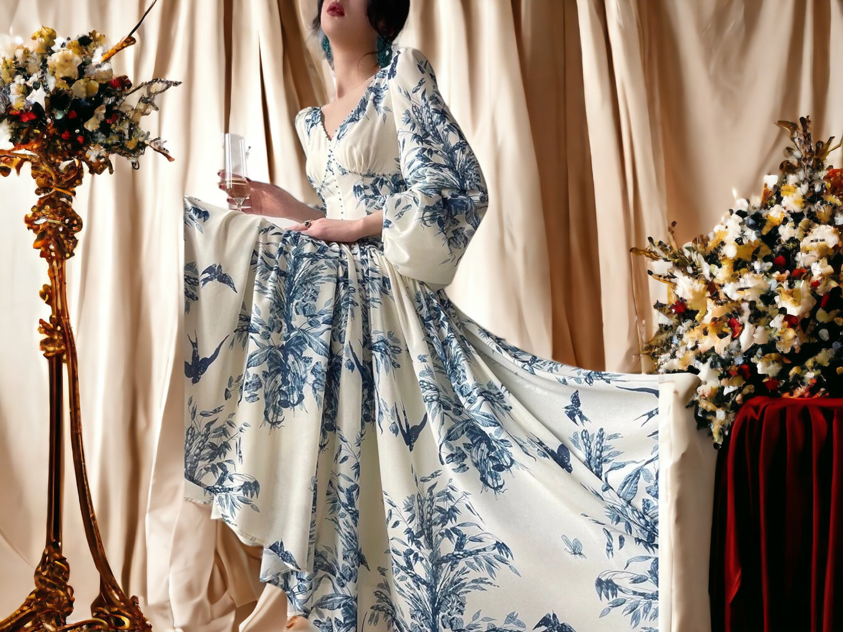 Boho Floral Buttoned Long Sleeve Shirt Dress