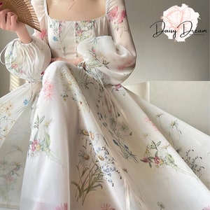 Chiffon Long Sleeve Dress Floral Print Tulle Prom Attire Evening Party Midi Dress zdjęcie 1