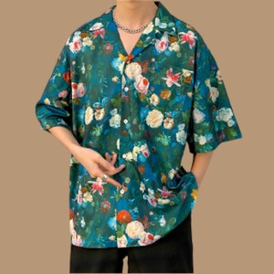 Short Sleeve Tops Comfortable Floral Print Men's Buttoned Outfit 05