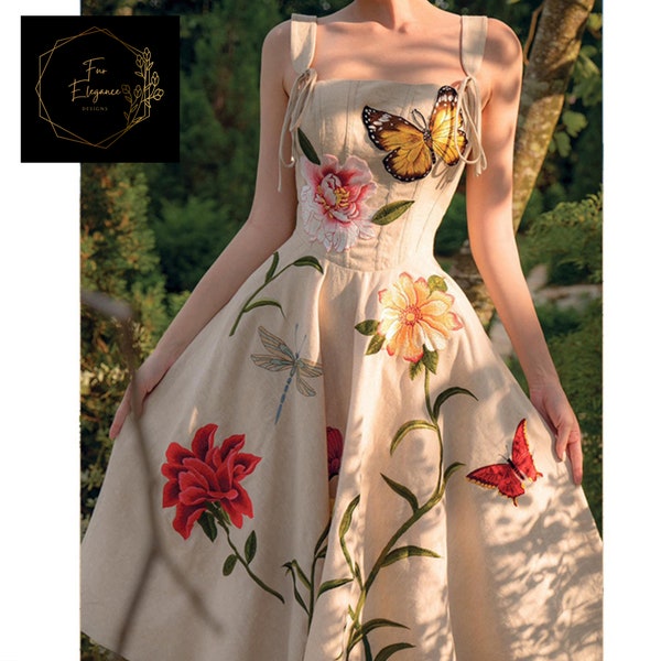 Sleeveless Stitch-Work Nuptial Dress | Flowery Long Dress | Waist Hugging Outfit for Women