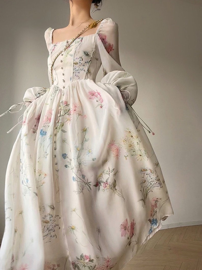 Chiffon Long Sleeve Dress Floral Print Tulle Prom Attire Evening Party Midi Dress zdjęcie 4