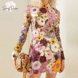 Floral Long Sleeve Mini Dress High Collar Evening Party Fashionable Clothing zdjęcie 1