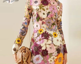 Floral Long Sleeve | Mini Dress | High Collar | Evening Party Fashionable Clothing