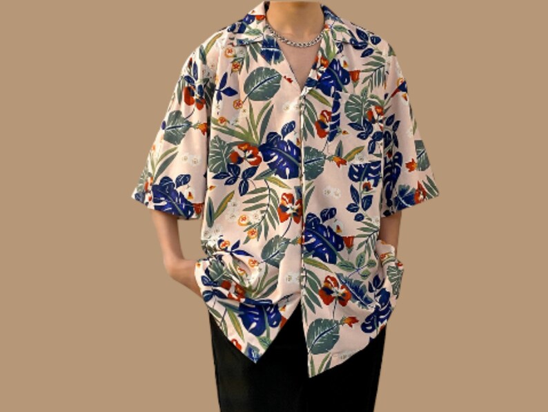 Short Sleeve Tops Comfortable Floral Print Men's Buttoned Outfit image 4