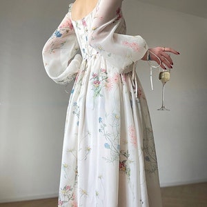 Chiffon Long Sleeve Dress Floral Print Tulle Prom Attire Evening Party Midi Dress zdjęcie 3