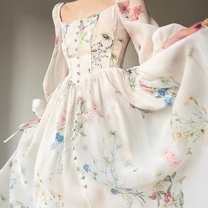 Chiffon Long Sleeve Dress Floral Print Tulle Prom Attire Evening Party Midi Dress zdjęcie 8