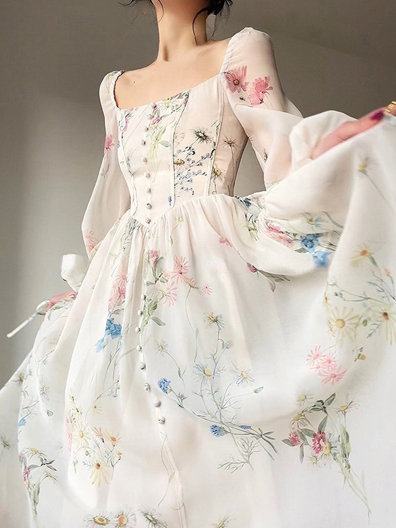 Chiffon Long Sleeve Dress Floral Print Tulle Prom Attire Evening Party Midi Dress zdjęcie 8
