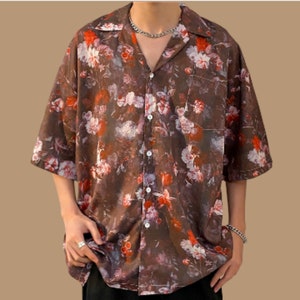 Short Sleeve Tops Comfortable Floral Print Men's Buttoned Outfit 08