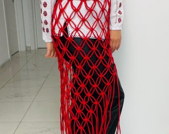 Handwoven Macrame Skirt: Bohemian Beach Cover-Up with Red Belt