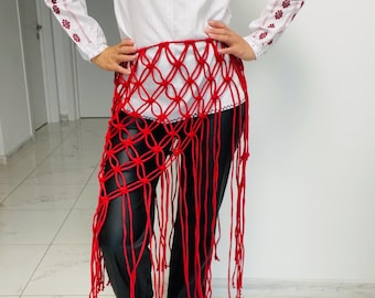 Handwoven Macrame Skirt: Bohemian Beach Cover-Up with Red Belt