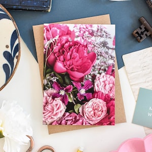 Carte de correspondance bouquet de fleurs rose, carte de voeux florale, cartes de voeux botaniques, carte d'anniversaire florale, cartes de correspondance vierges, rétablissement