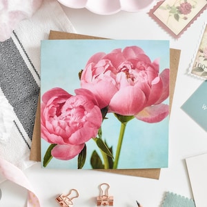 Carte de voeux pivoines, Carte de voeux florale, Cartes de voeux botaniques, Cartes vierges, Carte d'anniversaire rose bleu, Cartes de correspondance pivoine