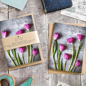 Roze tulpen Notitiekaarten, bloemenwenskaart, botanische wenskaarten, bloemen verjaardagskaart, blanco notitiekaarten, multipack-kaarten