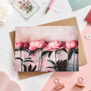 Pfingstrosen Stengel Karte, Blumen Grußkarte, Botanische Grußkarten, Blanko Karten, Rosa Geburtstagskarte, Pfingstrose Hinweis Karten, Rosa Blumenkarte