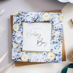 Nieuwe babyjongenskaart, welkomstbabykaart, blauwe babykaart, bloemen babykaart, gefeliciteerd kaart, geboorte van babykaart, kaart voor hem, verzilverd