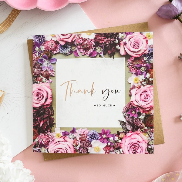 Thank You Card, Thanks So Much Card, Floral Thanks A Lot Card, Teacher Thank You, Wedding Thank You, Thank You Note, Gold Foiled