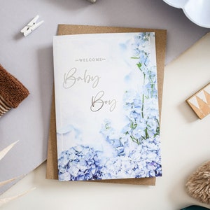 Nieuwe babyjongenskaart, welkomstbabykaart, blauwe babykaart, bloemen babykaart, gefeliciteerd kaart, geboorte van babykaart, kaart voor hem, verzilverd