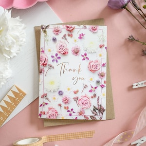 Tarjeta de agradecimiento, tarjeta de muchas gracias, tarjeta de agradecimiento floral, agradecimiento al maestro, agradecimiento por la boda, nota de agradecimiento, con papel dorado