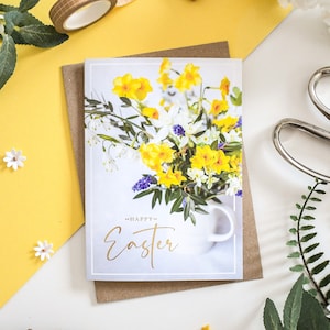 Cartão de Feliz Páscoa, Cartão de Páscoa Floral, Cartão de Páscoa com Flores, Cartão de Narcisos, Cartão de Feriado Cristão, Cartão de Páscoa de Primavera, Folhado a Ouro