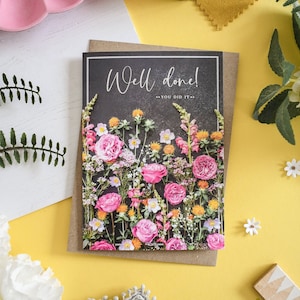 Goed gedaan kaart, gefeliciteerd kaart, You Did It-kaart, bloemen felicitatiekaart, afstudeerkaart, nieuwe baankaart, promotiekaart, zilverfolie