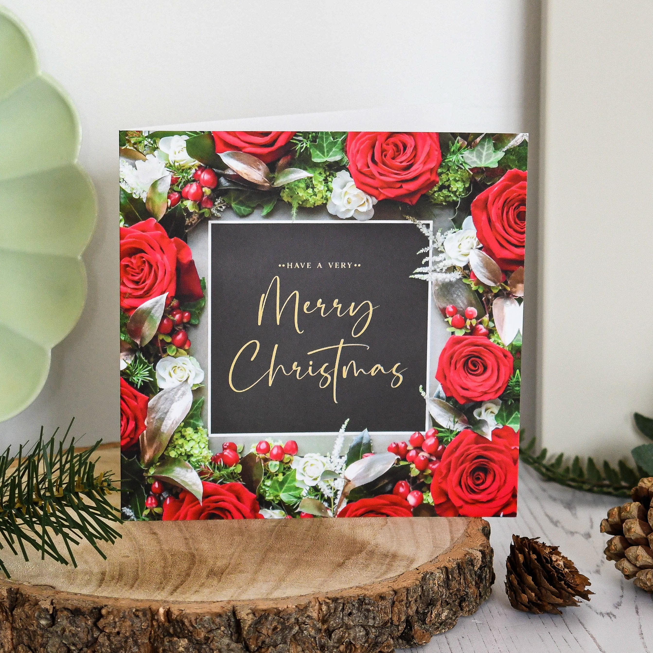 Buy Happy Christmas Card, Floral Christmas Card, Red