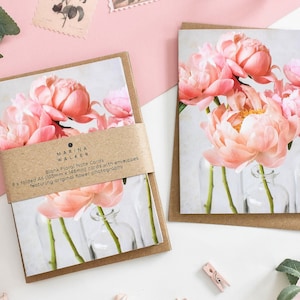 Notitiekaarten pioen, bloemenwenskaart, botanische wenskaarten, roze bloemen verjaardagskaart, blanco notitiekaarten, kaarten met meerdere verpakkingen