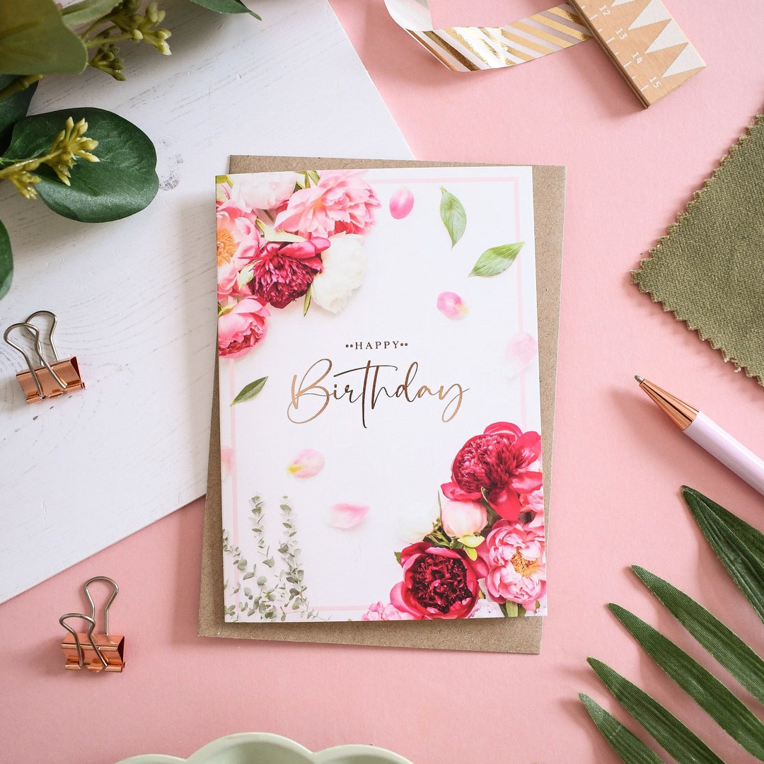 Gold Foiled Peony Rose Happy Birthday Card - Etsy