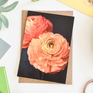 Carte de correspondance renoncule orange, carte de correspondance florale, cartes de voeux botaniques, carte d'anniversaire florale, cartes de correspondance vierges, fleurs orange