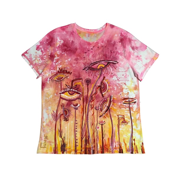 Handbemaltes T-Shirt, abstraktes Design, inspiriert von den Blumen der Anden und Paramo. Zeitlose Paramo-Kollektion, einzigartiges Kleidungsstück.