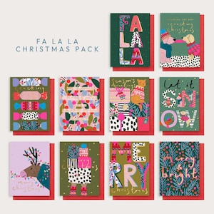 May include: A collection of Christmas greeting cards with various festive designs. The cards feature illustrations of dogs, cats, reindeer, and candy, with text like "Fa La La," "Merry Christmas," and "Let it Snow." The cards are on a red background.