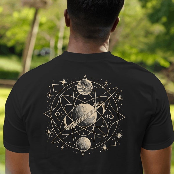 Geometrisches Grafik Print Tshirt Rückendruck mit Geometrischen Formen Linien und Planeten