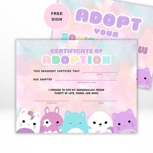 Certificat d'adoption imprimable Certificat d'adoption Squishmallow Certificat Adoptez un squishmallows Anniversaires Certificat Adoptez Squishmallow