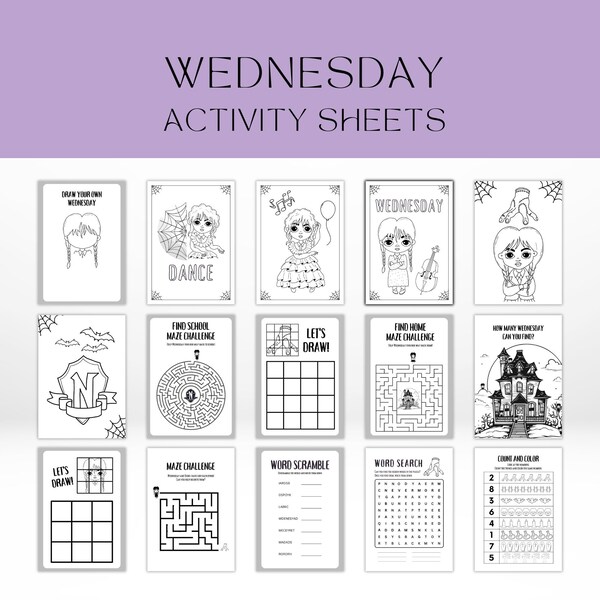 Printable Birthday Activity and Coloring Sheets Addams Family Wednesday Birthday Party Wednesday Activity Bundle Coloring Pages Word Search