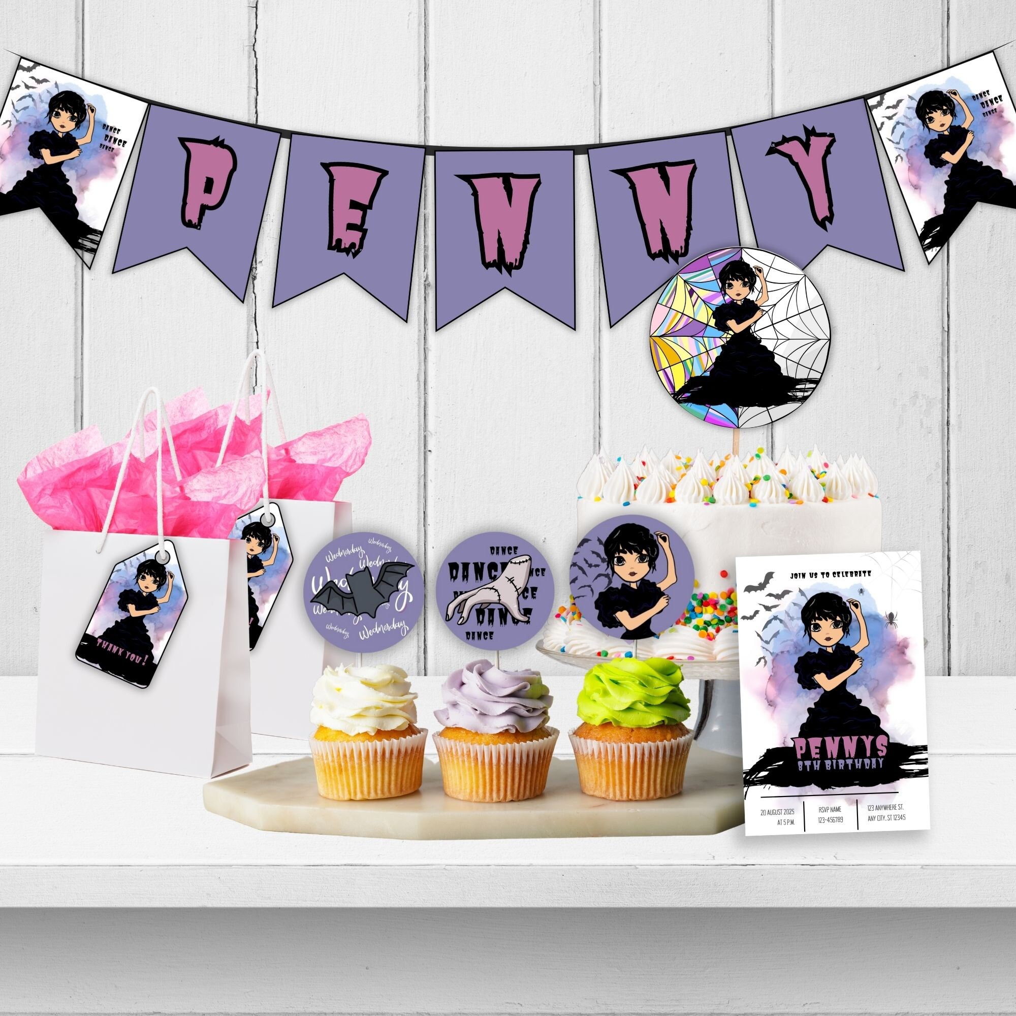 Wednesday Addams Birthday Party Bundle Printable Custom Wednesday Party Birthday Pack Invitation tag banner cake topper