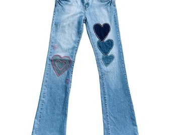 Handmade Patched Custom Denim Jeans Heart Shapes