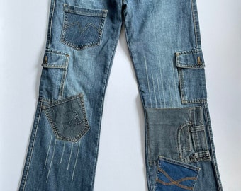 Handmade Patched Custom Denim Cargo Jeans with more multiple bag