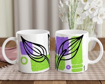 Peace Lilly Mug Lavender & Lime by XCNO (11oz) - Mugs Coffee Tea Cups Cute Art Designer Plant Lover Digital Kitchen Home Housewarming Gifts